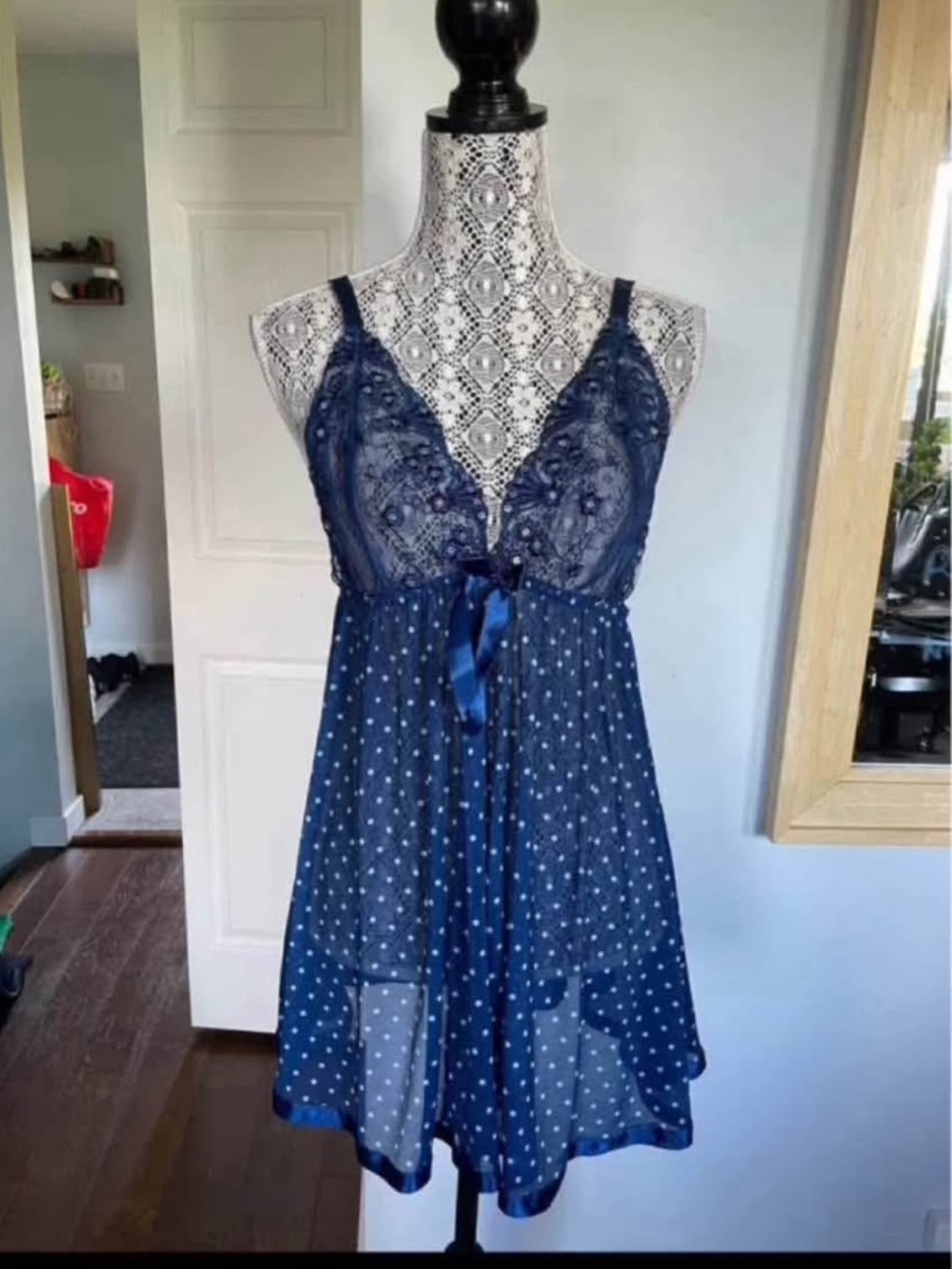 2XL Vintage Sequin Lingerie Teddy Babydoll Chemise. Navy Blue